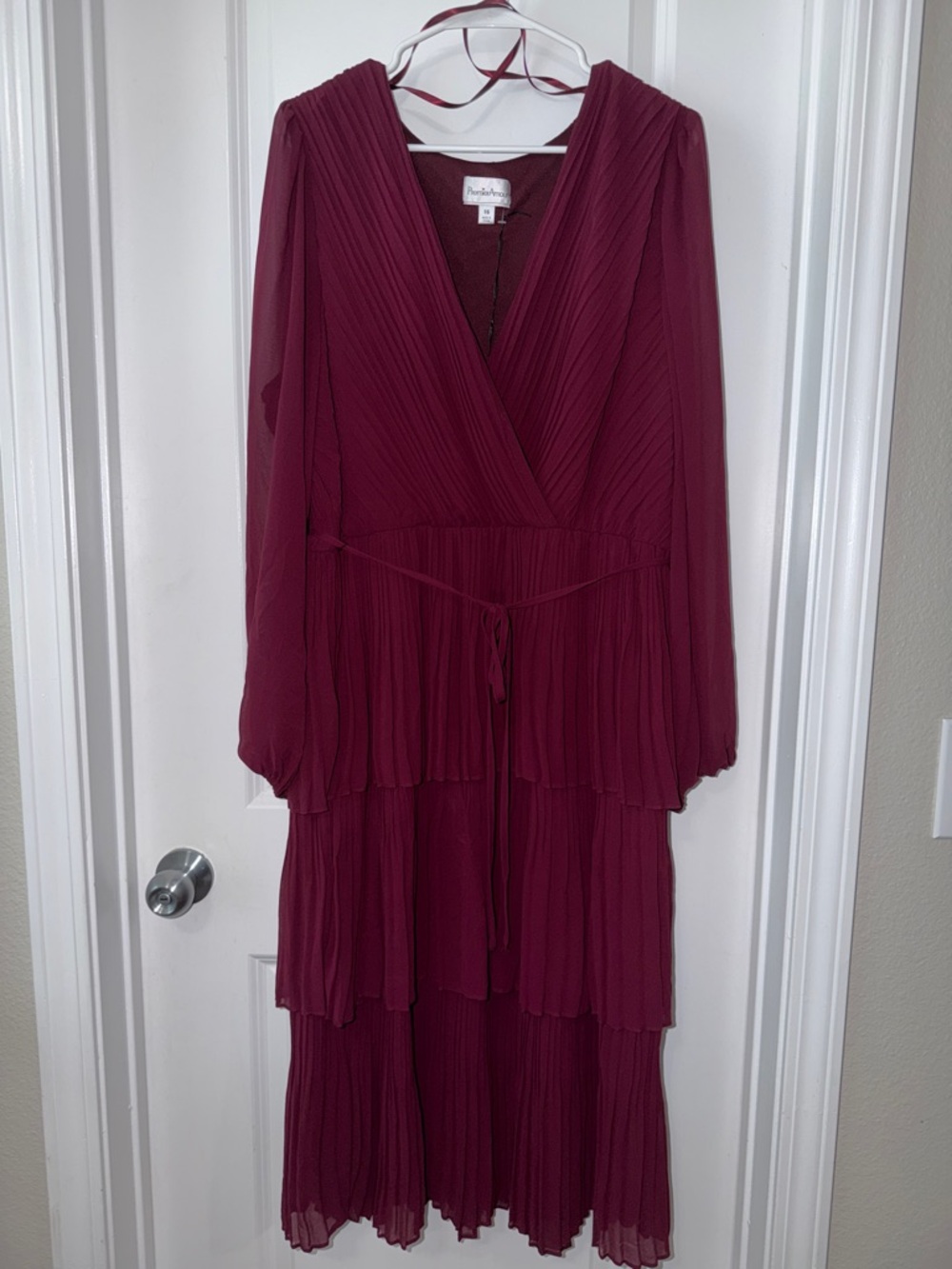 Pleated Maroon Long-Sleeve Tiered Midi Dress
